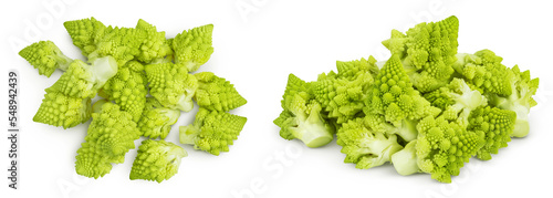 Romanesco broccoli cabbage or Roman Cauliflower isolated on white background with . Top view. Flat lay