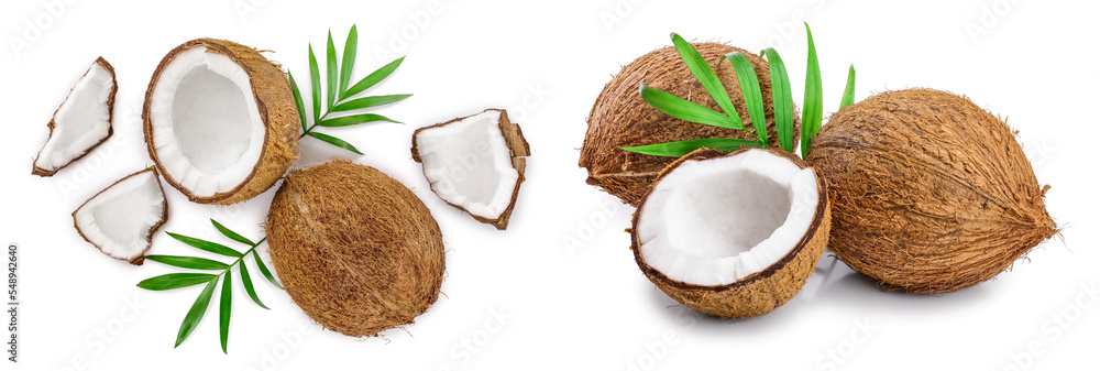 coconut with leaves isolated on white background. Top view. Flat lay coconut with leaves isolated on white background. Top view. Flat lay