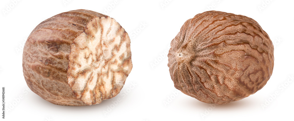 nutmeg isolated on white background macro. Set or collection nutmeg isolated on white background macro. Set or collection