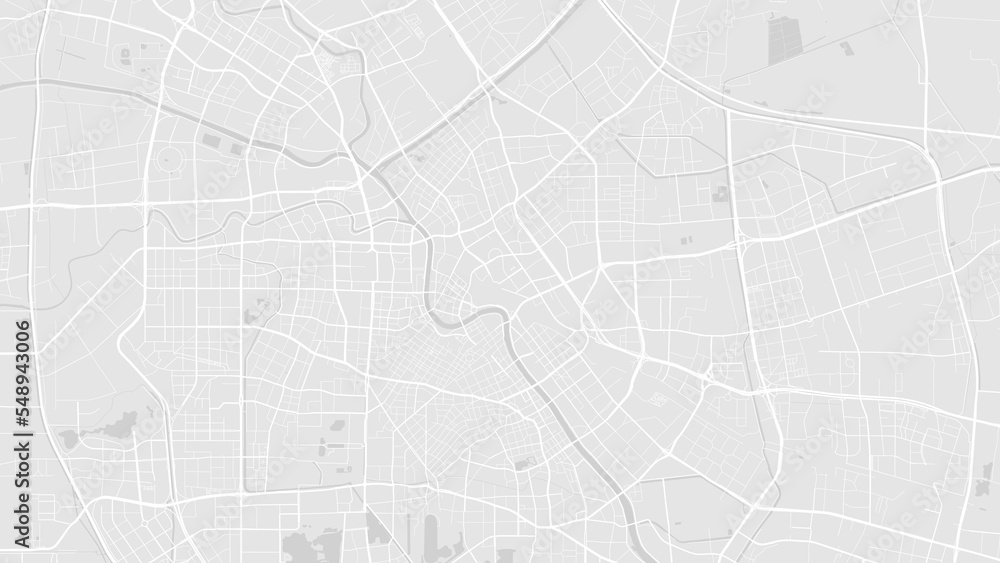 White and light grey Tianjin city area vector background map, roads and water illustration. Widescreen proportion, digital flat design.