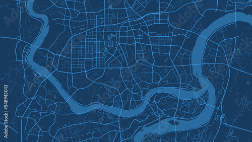 Dark blue Chongqing city area vector background map, roads and water illustration. Widescreen proportion, digital flat design.