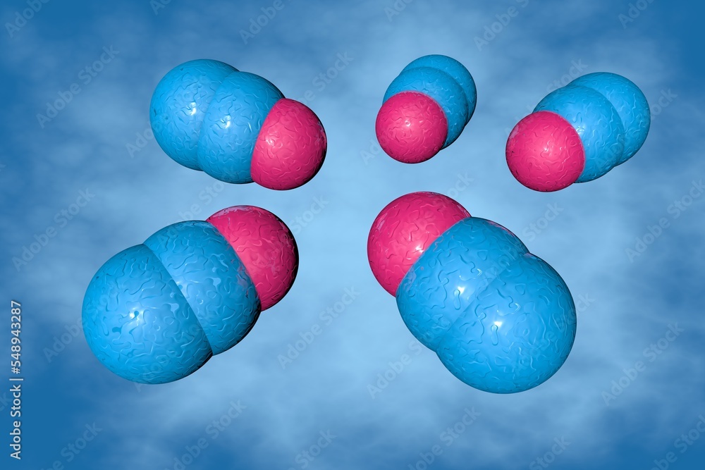 Nitrous oxide. Spacefilling molecular model on blue background. Atoms