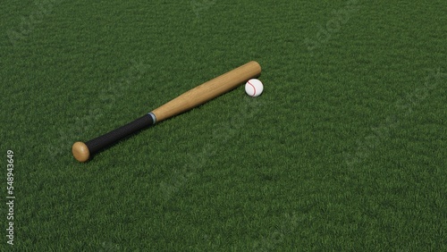 3D render - a ball and a baseball bat lie on a green lawn