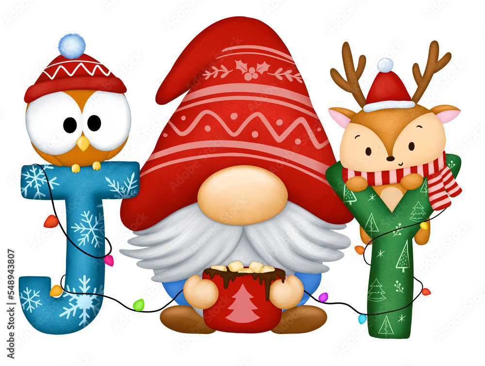 Fototapeta premium Gnome Christmas Reindeer Owl Joy Lettering Word Santa Claus Hot Cocoa Red Cup Art Cartoon Cute Illustration
