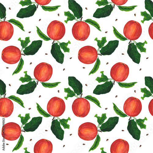Watercolor illustration with red apples and greenery, seeds, pattern on a white background. Suitable for textile design