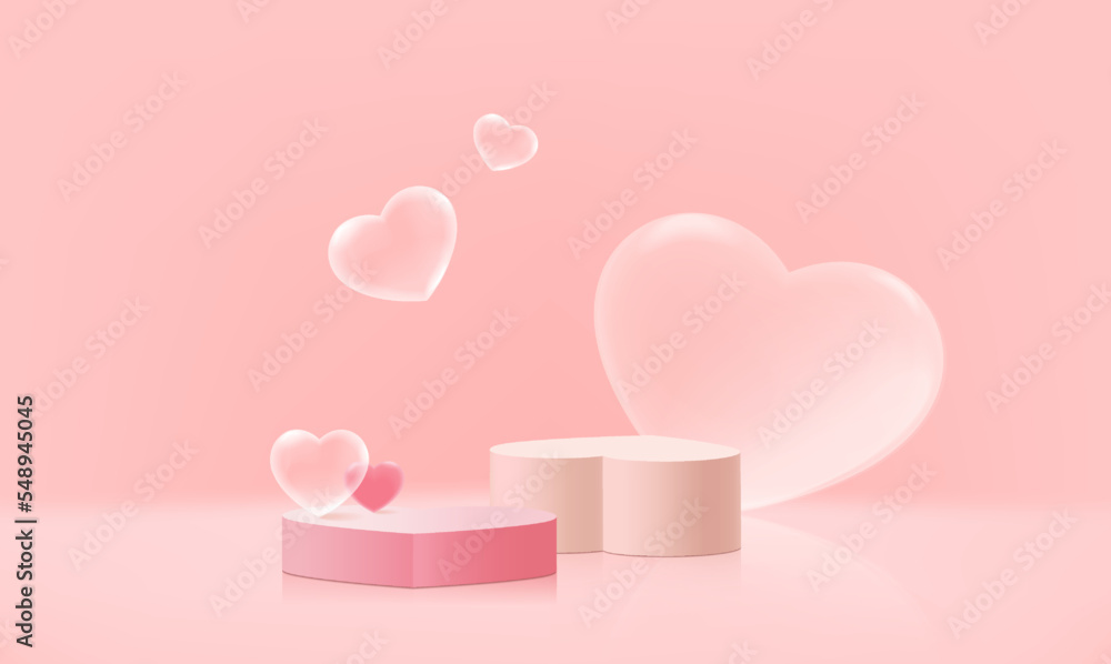 Abstract background with minimal style for product presentation with a realistic stand or podium heart shape. 3d rendering blank podium display for the product.