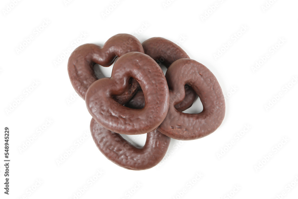 Concept of tasty bakery, gingerbread cookies in chocolate, isolated on white background Concept of tasty bakery, gingerbread cookies in chocolate, isolated on white background