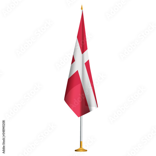 Isolated small national flag of Denmark vector with golden flagpole.Standing miniature Danish flag