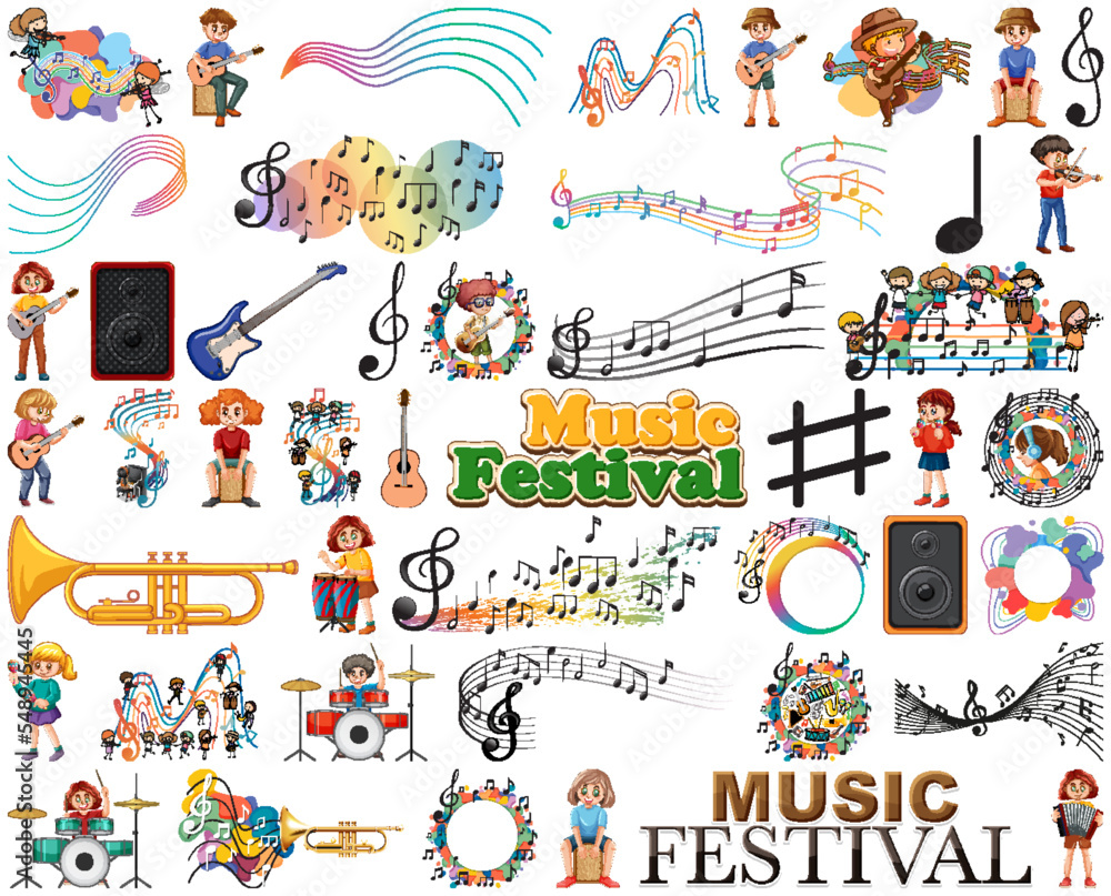 Kids musical instruments and music symbols set Kids musical instruments and music symbols set