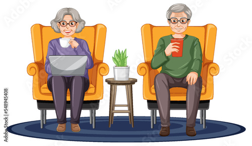 Senior couple using laptop at home