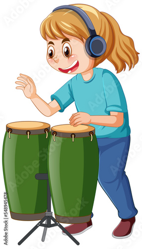 A girl playing conga drum musical instrument