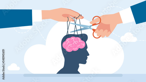 Freedom from manipulation, propaganda. Puppet master controlling man's mind. Puppeteer loses control. Mental health, illness. Hand holding puppet strings with a thread of brain. Vector illustration