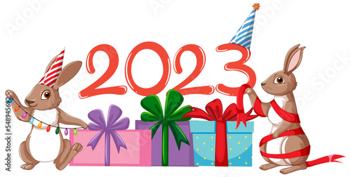 Cute rabbit with gift boxes celebrating New Year