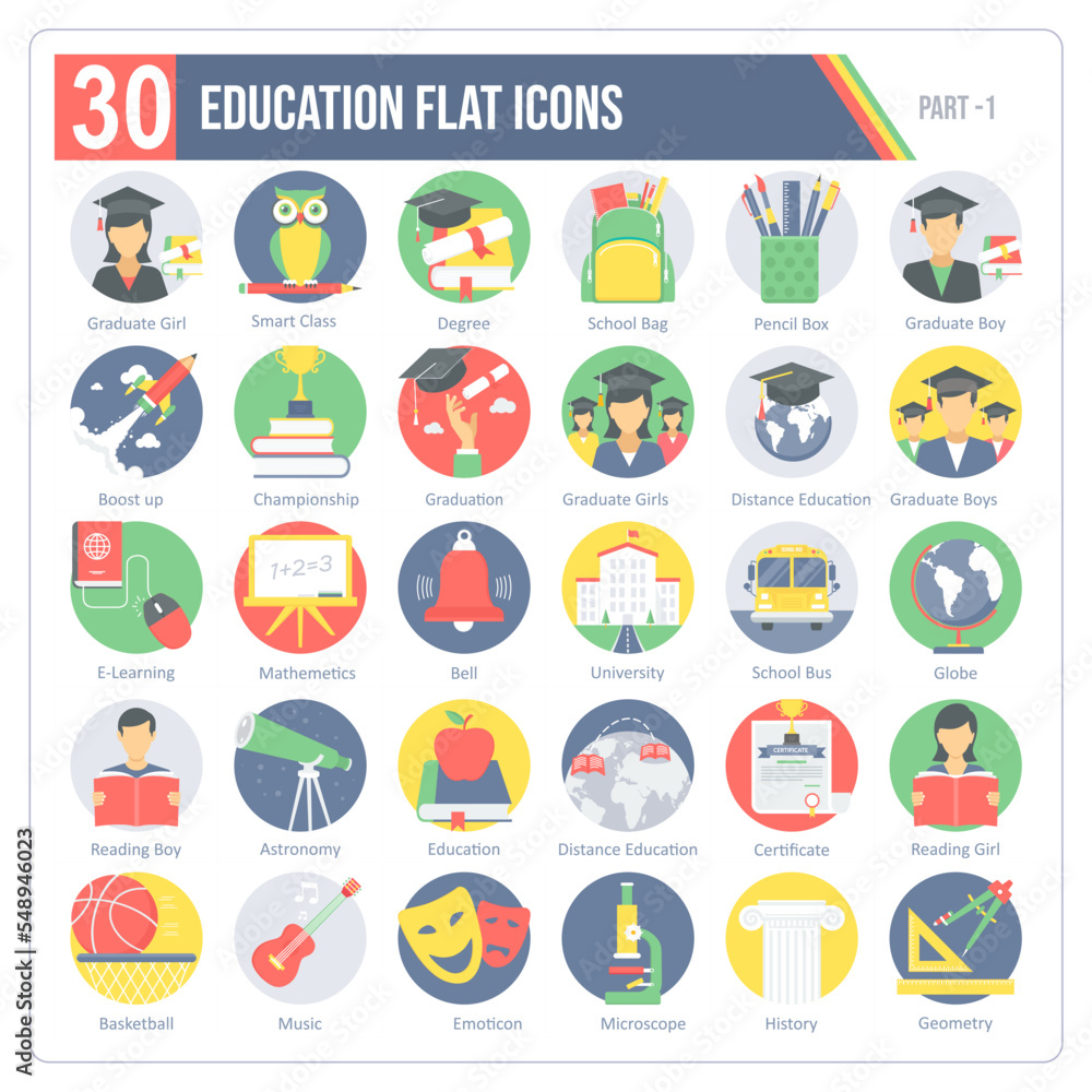 A set of 30 icons for education and learning including distance education, graduation, school and university