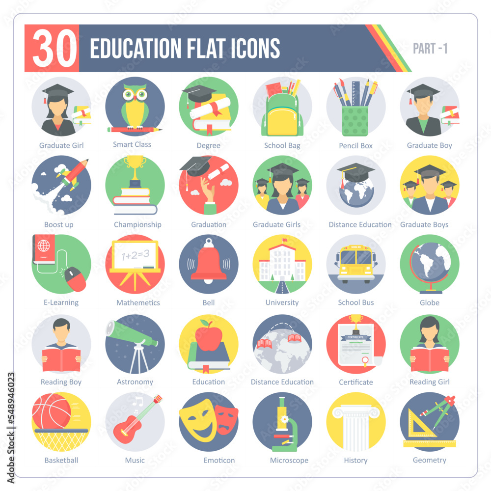 A set of 30 icons for education and learning including distance education, graduation, school and university A set of 30 icons for education and learning including distance education, graduation, school and university