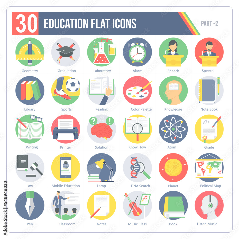 A set of 30 icons for education and learning including distance education, graduation, school and university A set of 30 icons for education and learning including distance education, graduation, school and university