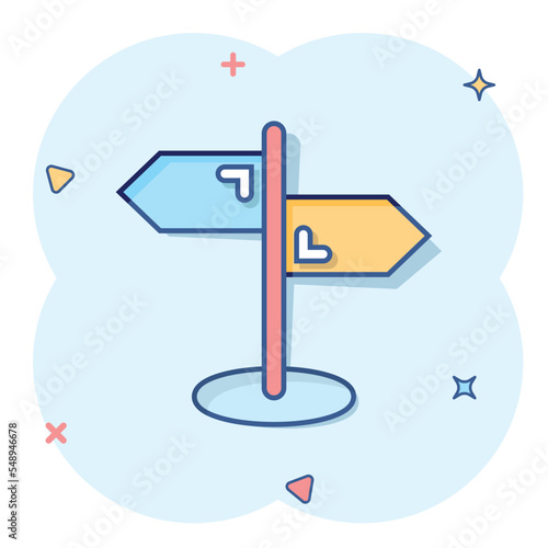 Crossroad signpost icon in comic style. Road direction cartoon vector illustration on white isolated background. Roadsign splash effect business concept.