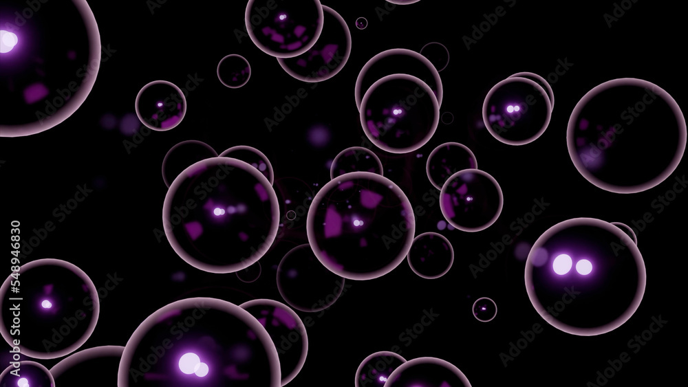 Soap bubbles floating on a black background. Design. Same size spherical silhouettes flying into the same direction.