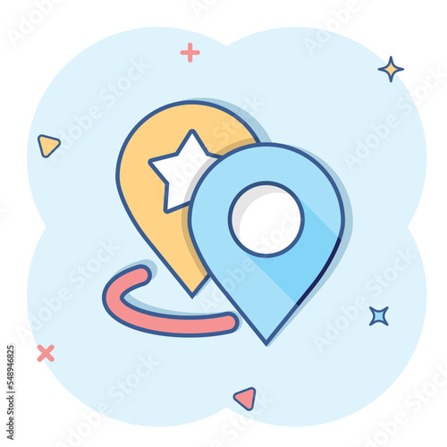 Map pin icon in comic style. GPS navigation cartoon vector illustration on white isolated background. Locate position splash effect business concept.