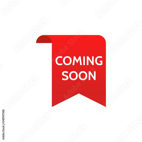 Coming soon promo labels. Red ribbons. Vector bage and banners