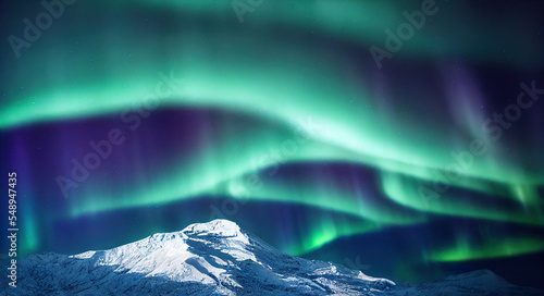 Northern Lights over lake. Aurora borealis with starry in the night sky. Fantastic Winter Epic Magical Landscape of snowy Mountains.