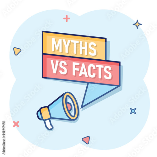 Myths vs facts megaphone icon in comic style. True or false loudspeaker cartoon vector illustration on white isolated background. Comparison bullhorn sign business concept splash effect.