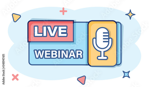 Live webinar icon in comic style. Online training cartoon vector illustration on isolated background. Conference stream splash effect sign business concept.