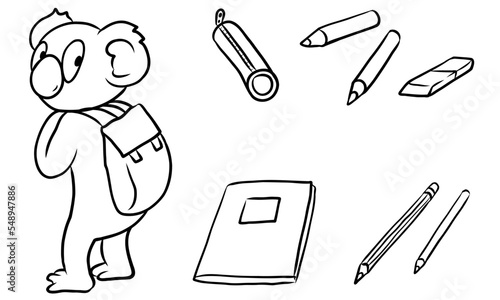 Cartoon Illustration: Kleiner Koala als Schulkind mit Rucksack, Stiften und Heft für Wissen und Bildung