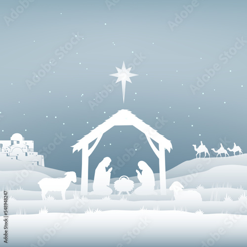 Social media banner Christian Christmas Nativity Scene of baby Jesus in the manger with Mary and Joseph in silhouette surrounded by animals and the three wise men magi with the city of Bethlehem