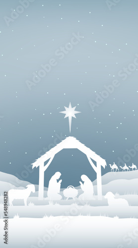 Banner Christian Christmas Nativity Scene of baby Jesus in the manger with Mary and Joseph in silhouette surrounded by animals and the three wise men magi with the city of Bethlehem in the distance