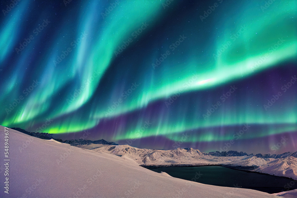 Northern Lights over lake. Aurora borealis with starry in the night sky. Fantastic Winter Epic Magical Landscape of snowy Mountains.  