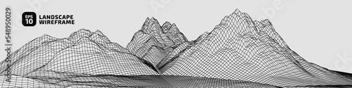 Abstract rocky hills in the ocean wireframe background. 3D grid technology illustration landscape. Digital Terrain Cyberspace in Mountains with valleys. Ultra Wide Size. Dark on Light. Vector