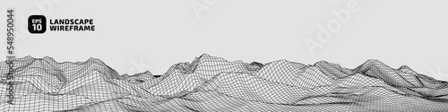 Abstract rocky hills in the ocean wireframe background. 3D grid technology illustration landscape. Digital Terrain Cyberspace in Mountains with valleys. Ultra Wide Size. Dark on Light. Vector