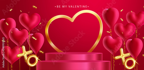 Valentine's day podium vector design. Be my valentine text with heart balloons and stage for product display presentation for holiday season background. Vector Illustration.
