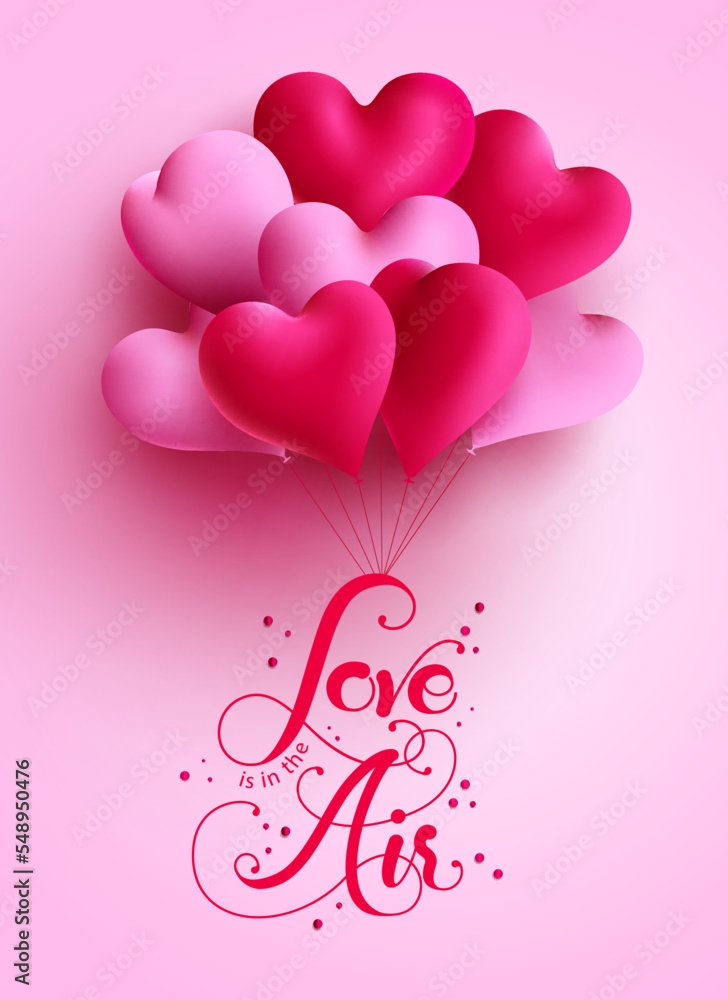 Valentine's balloons vector concept design. Love is in the air text with heart balloon bunch floating in in background for heart's day greeting card. Vector Illustration.
