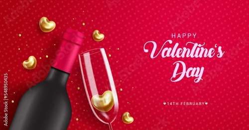 Happy valentine's day vector design background. Valentine's day text with wine bottle and glass elements for romantic greeting card. Vector Illustration.
