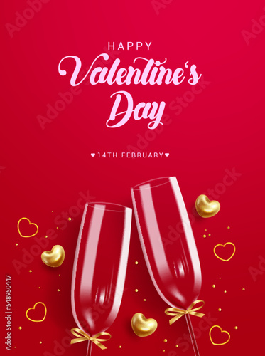 Happy valentine's day text vector design. Valentine's day greeting card with couple wine glass elements for romantic date background decoration. Vector Illustration.
