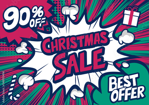 90%off Christmas sale typography pop art background, an explosion in comic book style.