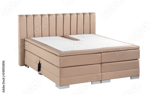 bed isolated on white background , beige color boxspring mattress set , headboard bed base , sleep product , background isolated.	