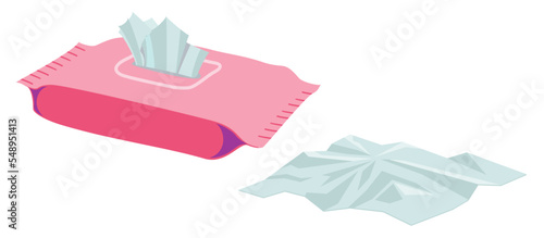 Napkin Box. Tissue box white tissue. Facial tissue holder. The crumpled napkin lies. Trash in flat vector illustration