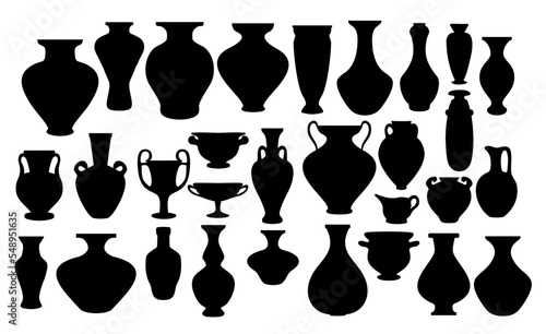 Vector set silhouettes of ancient amphorae and vases. Greece icon collection. Isolated