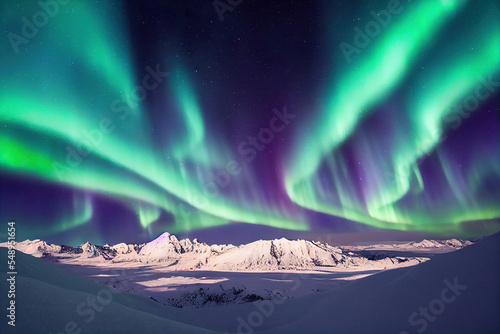 Northern Lights over lake. Aurora borealis with starry in the night sky. Fantastic Winter Epic Magical Landscape of snowy Mountains. 