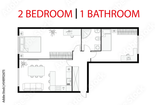 Plan floor apartment. Studio, condominium. Two bedroom layout floor plan. Interior design elements kitchen, bedroom, bathroom with furniture. Vector floorplan living room. Architectural plan