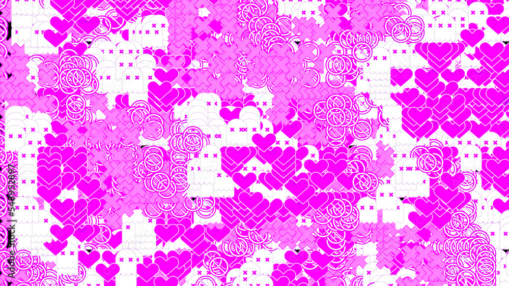 Abstract white background with chaotically blinking pink small hearts. Design. Romantic pink hearts and smile faces.