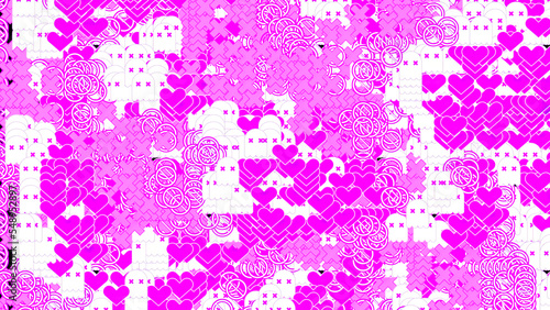 Abstract white background with chaotically blinking pink small hearts. Design. Romantic pink hearts and smile faces.