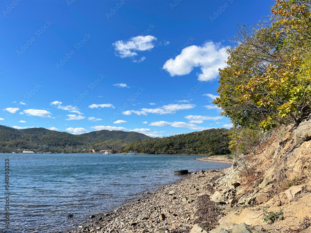 Fototapeta premium Russia, Vladivostok. Russkiy island, Novik Bay in October in sunny weather