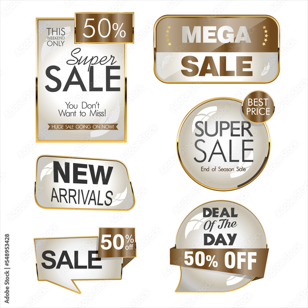 Obraz premium Collection of super sale golden badges on white background
