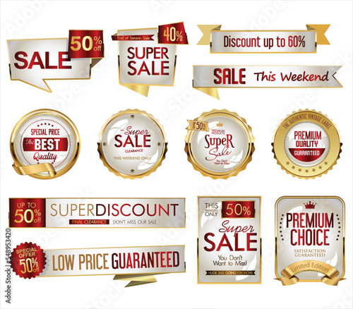 Collection of super sale golden badges on white background
