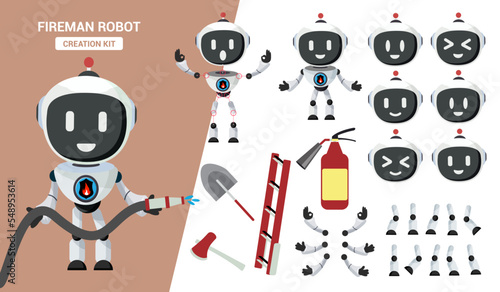 Fireman robot creation kit vector design. Robots fire fighter editable character parts for safety and protection character collection. Vector Illustration.
