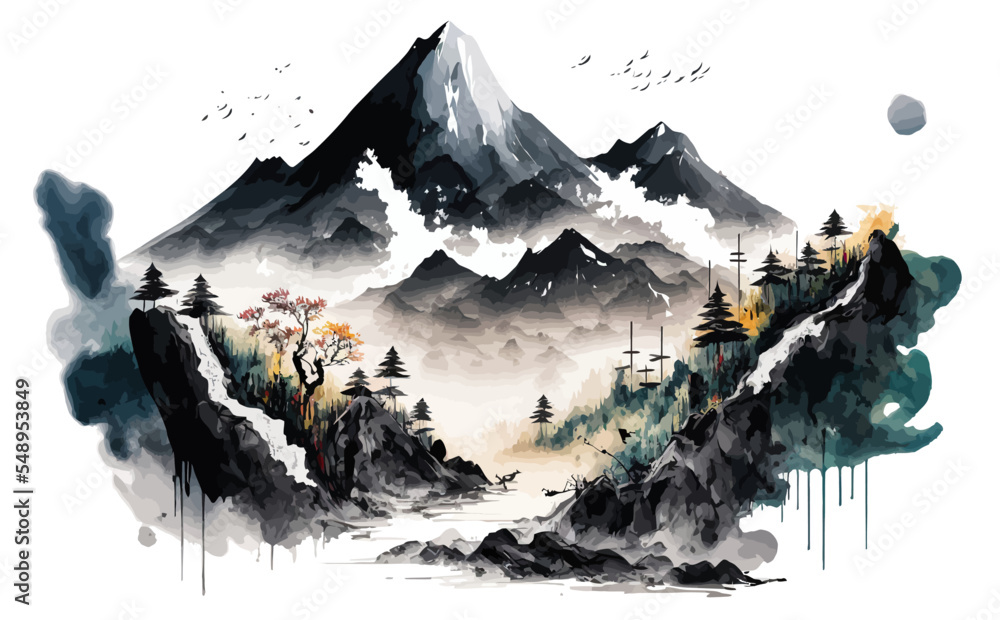Watercolor mountain background. Landscape with mountains in a